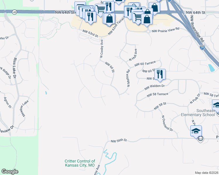 map of restaurants, bars, coffee shops, grocery stores, and more near 5920 North Cosby Avenue in Kansas City