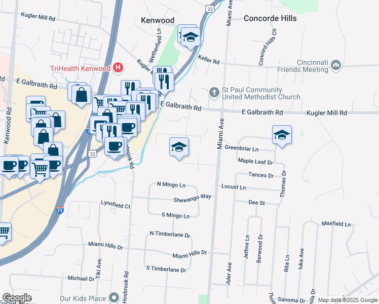 map of restaurants, bars, coffee shops, grocery stores, and more near 8126 Lancewood Court in Cincinnati
