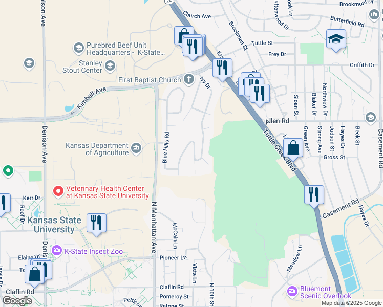 map of restaurants, bars, coffee shops, grocery stores, and more near 1940 Bluestem Terrace in Manhattan