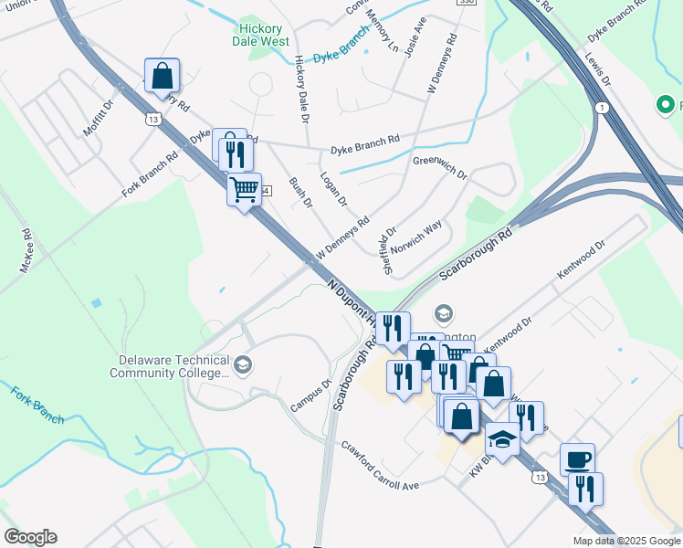 map of restaurants, bars, coffee shops, grocery stores, and more near 3626 North Dupont Highway in Dover