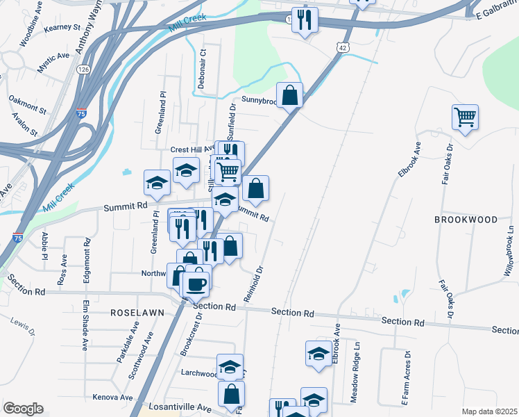 map of restaurants, bars, coffee shops, grocery stores, and more near 1850 Summit Road in Cincinnati