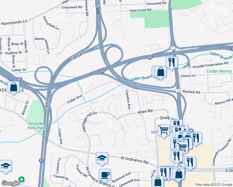 map of restaurants, bars, coffee shops, grocery stores, and more near 244 Candle Light Lane in Glen Burnie