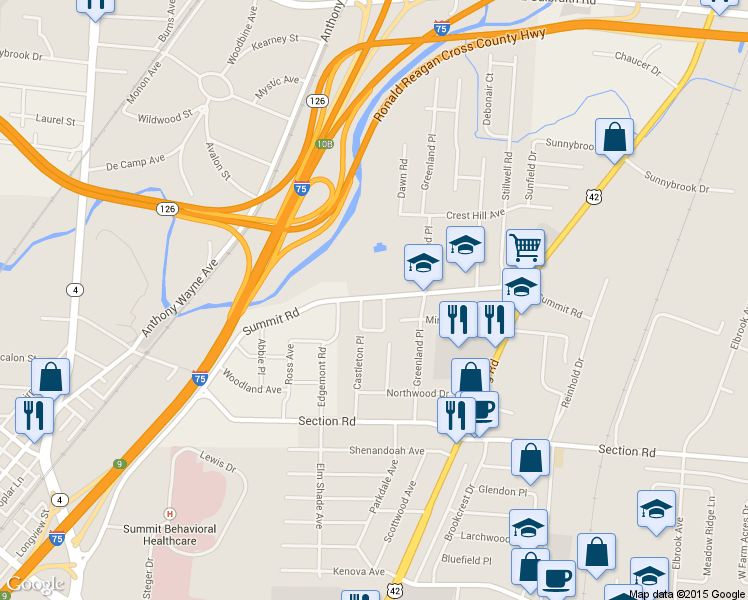 map of restaurants, bars, coffee shops, grocery stores, and more near 1581 Summit Road in Cincinnati