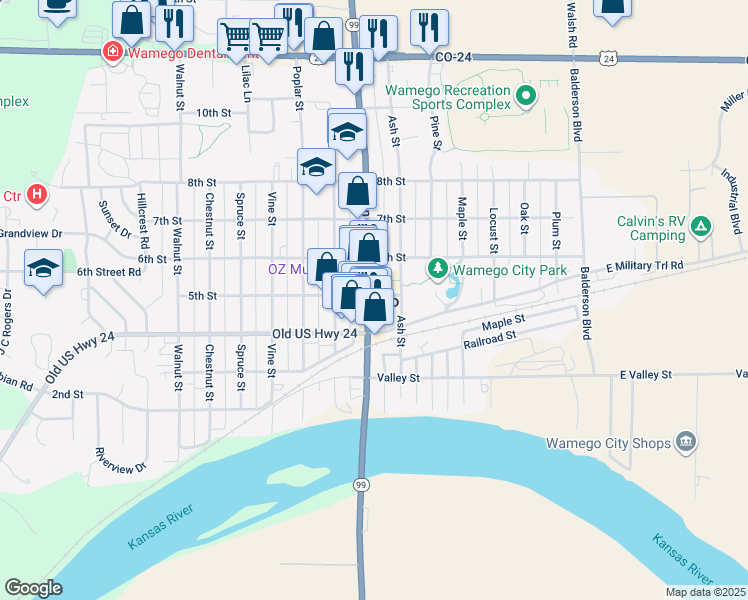 map of restaurants, bars, coffee shops, grocery stores, and more near 430 Lincoln Avenue in Wamego