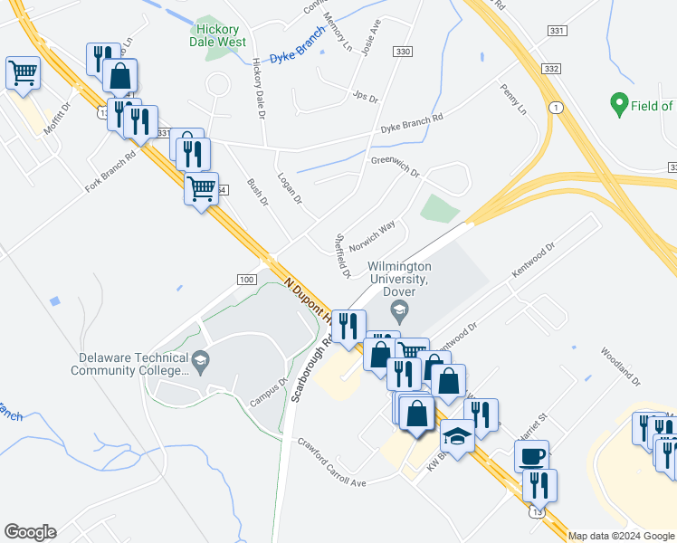 map of restaurants, bars, coffee shops, grocery stores, and more near 212 Sheffield Drive in Dover