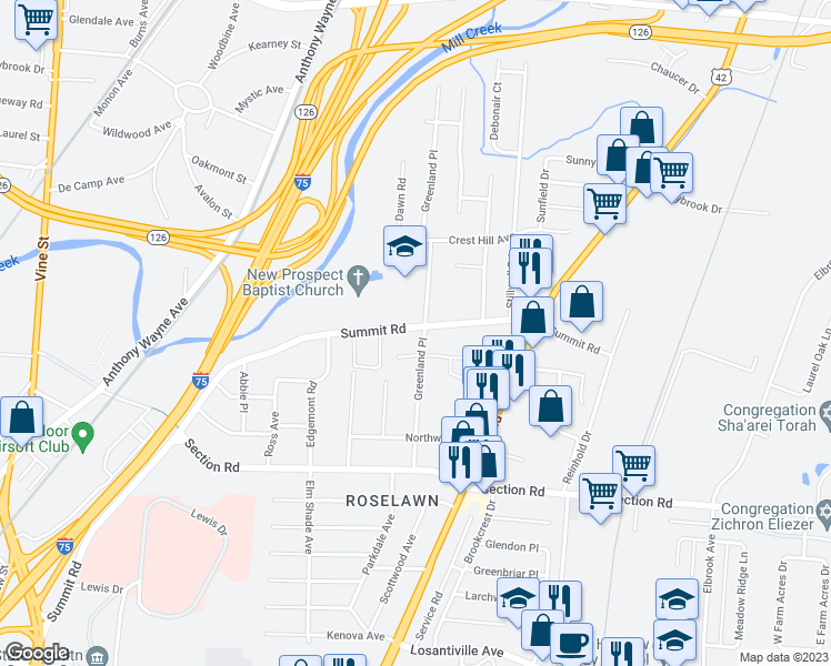 map of restaurants, bars, coffee shops, grocery stores, and more near 7717 Greenland Place in Cincinnati