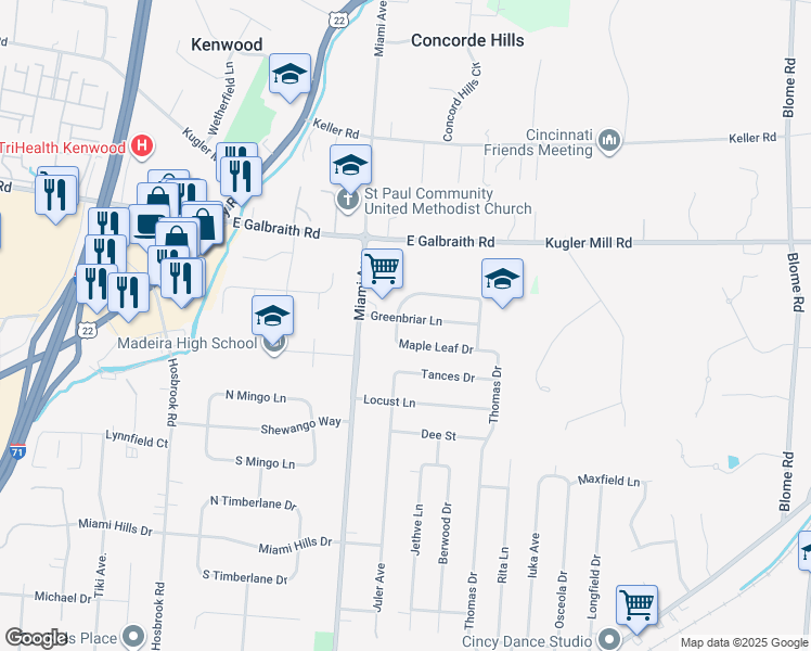 map of restaurants, bars, coffee shops, grocery stores, and more near 7805 Buckeye Crescent in Cincinnati