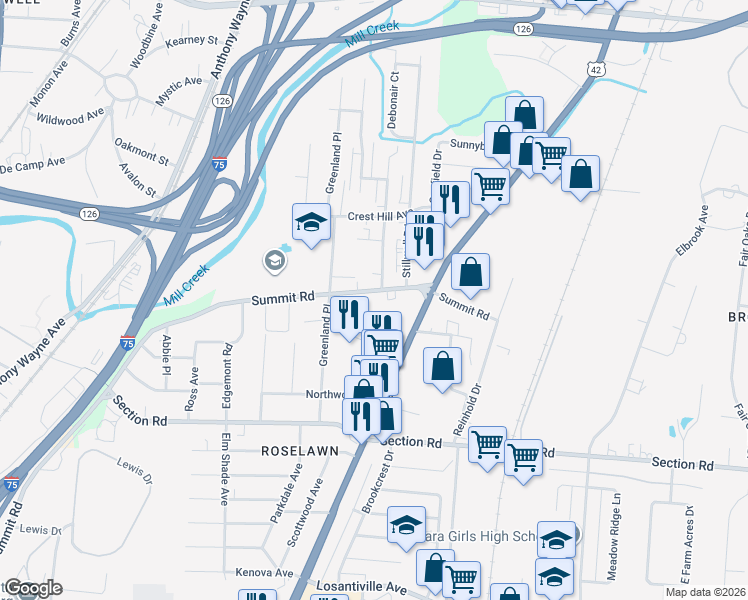 map of restaurants, bars, coffee shops, grocery stores, and more near 1644 Summit Road in Cincinnati