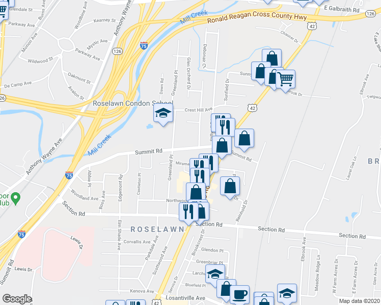 map of restaurants, bars, coffee shops, grocery stores, and more near 1612 Summit Road in Cincinnati