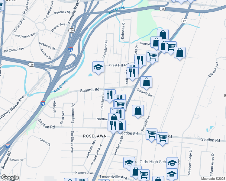 map of restaurants, bars, coffee shops, grocery stores, and more near 1612 Summit Road in Cincinnati