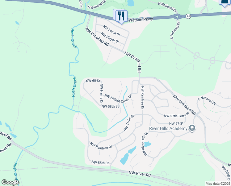 map of restaurants, bars, coffee shops, grocery stores, and more near 5826 Northwest Walnut Court in Parkville