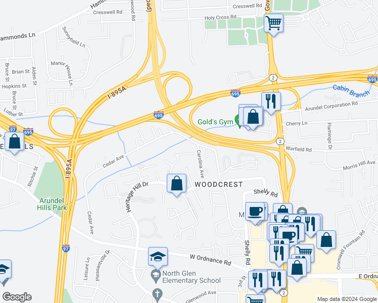 map of restaurants, bars, coffee shops, grocery stores, and more near 228 Candle Light Lane in Glen Burnie