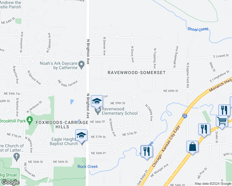 map of restaurants, bars, coffee shops, grocery stores, and more near 5300 Northeast 59th Terrace in Kansas City