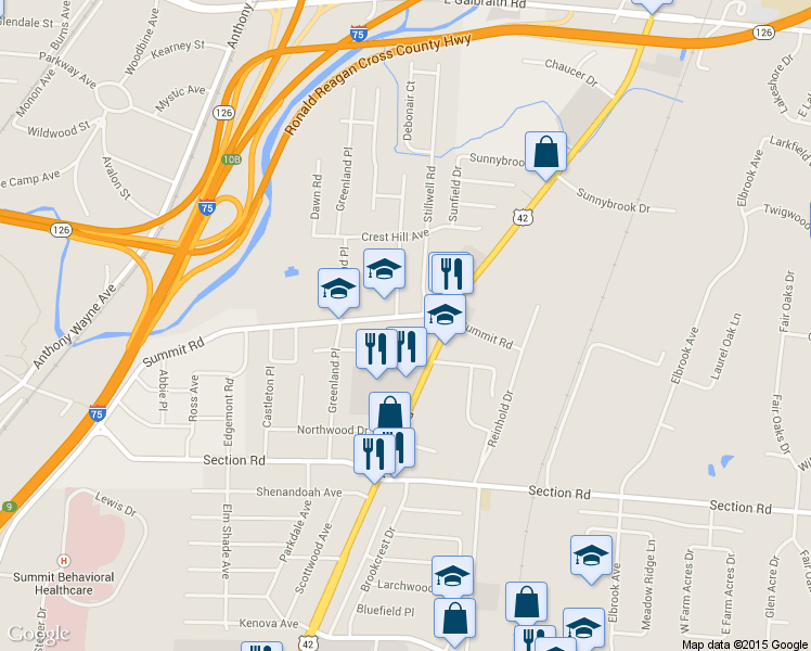map of restaurants, bars, coffee shops, grocery stores, and more near 1643 Summit Road in Cincinnati