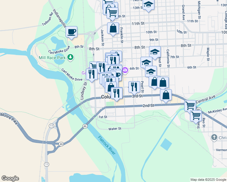 map of restaurants, bars, coffee shops, grocery stores, and more near 300 Washington Street in Columbus