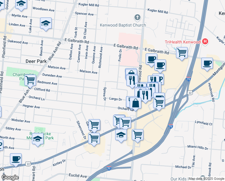 map of restaurants, bars, coffee shops, grocery stores, and more near 7825 Styrax Lane in Cincinnati
