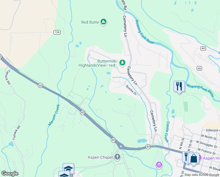 map of restaurants, bars, coffee shops, grocery stores, and more near 1484 Sierra Vista Drive in Aspen