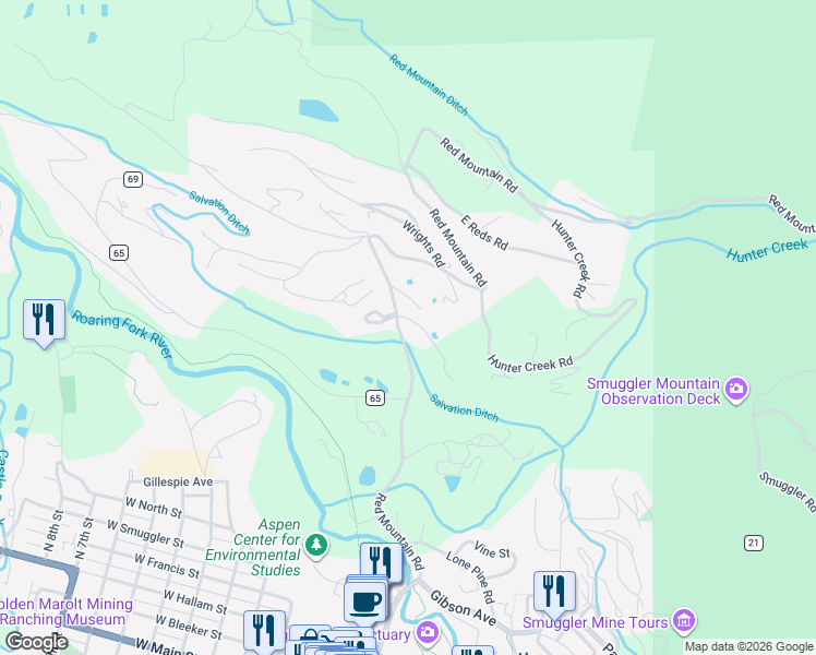 map of restaurants, bars, coffee shops, grocery stores, and more near 34 Placer Lane in Aspen