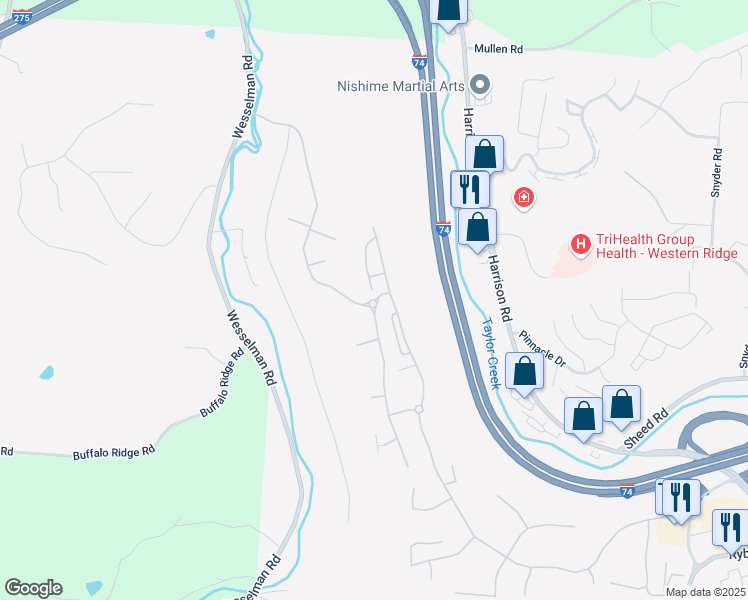 map of restaurants, bars, coffee shops, grocery stores, and more near Bridge Point Drive in Cincinnati