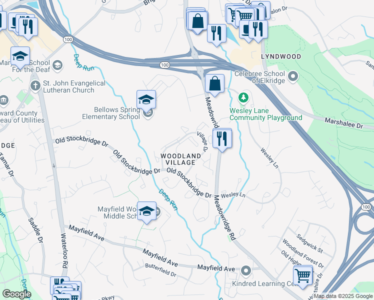 map of restaurants, bars, coffee shops, grocery stores, and more near 7704 Mayfair Circle in Ellicott City