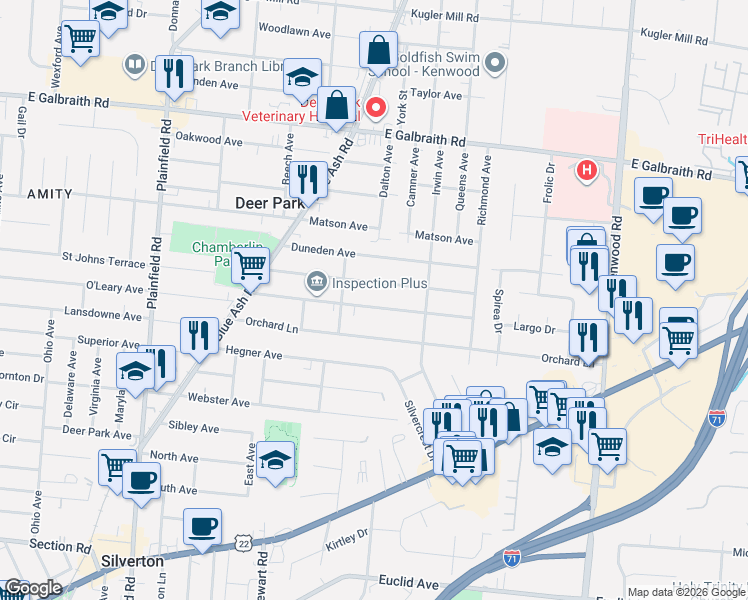 map of restaurants, bars, coffee shops, grocery stores, and more near 4329 Redmont Avenue in Cincinnati