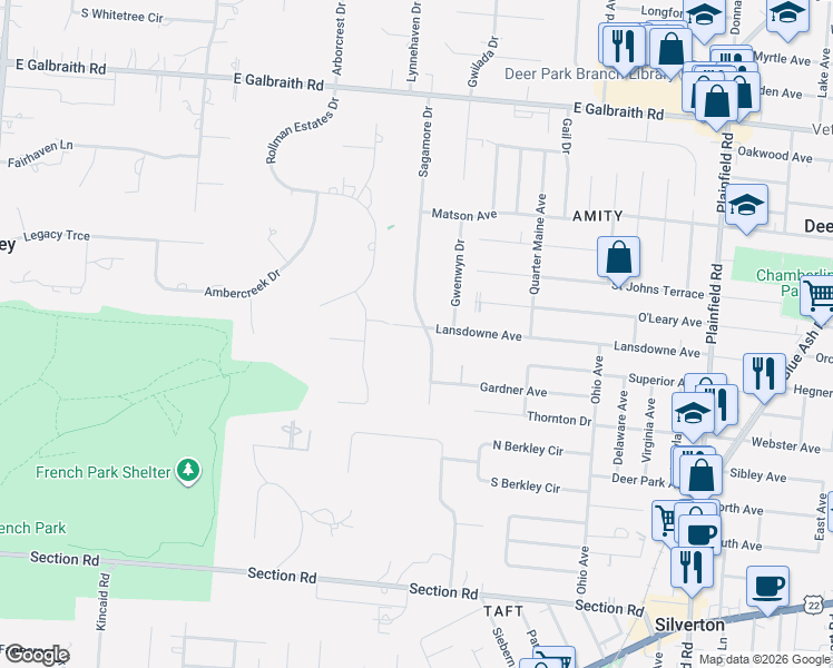 map of restaurants, bars, coffee shops, grocery stores, and more near 7624 Sagamore Drive in Cincinnati