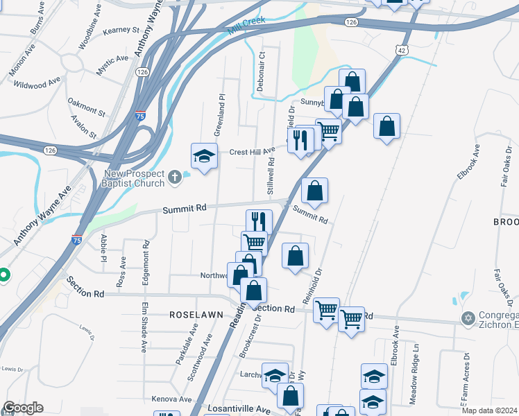 map of restaurants, bars, coffee shops, grocery stores, and more near 1644 Summit Road in Cincinnati