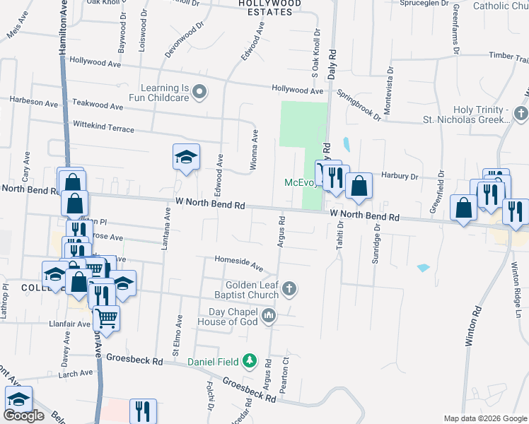 map of restaurants, bars, coffee shops, grocery stores, and more near 6201 Stella Avenue in Cincinnati