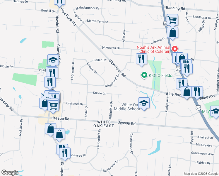 map of restaurants, bars, coffee shops, grocery stores, and more near 3250 Linsan Drive in Cincinnati