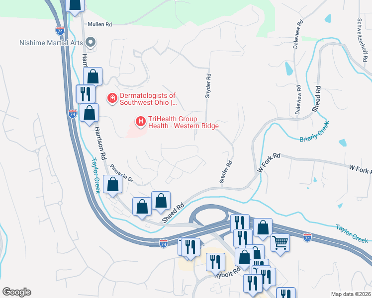 map of restaurants, bars, coffee shops, grocery stores, and more near 6741 Verde Ridge Drive in Cincinnati