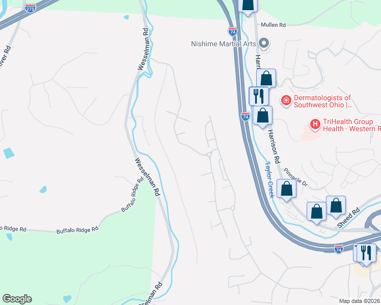 map of restaurants, bars, coffee shops, grocery stores, and more near 7401 Bridge Point Pass in Cincinnati