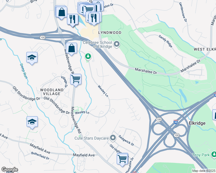 map of restaurants, bars, coffee shops, grocery stores, and more near 6413 Woodvale Place in Elkridge
