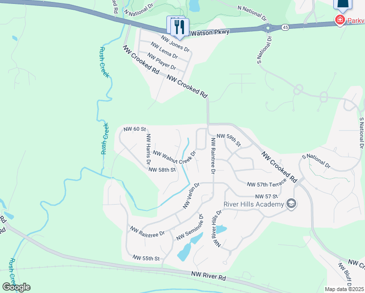 map of restaurants, bars, coffee shops, grocery stores, and more near 5826 Northwest Walnut Court in Parkville