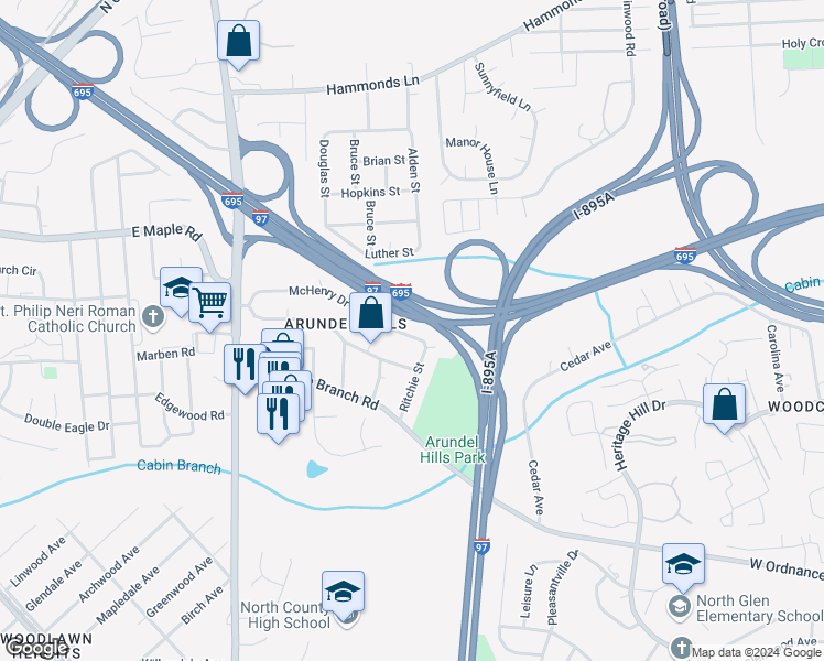 map of restaurants, bars, coffee shops, grocery stores, and more near 1106 Mchenry Drive in Glen Burnie