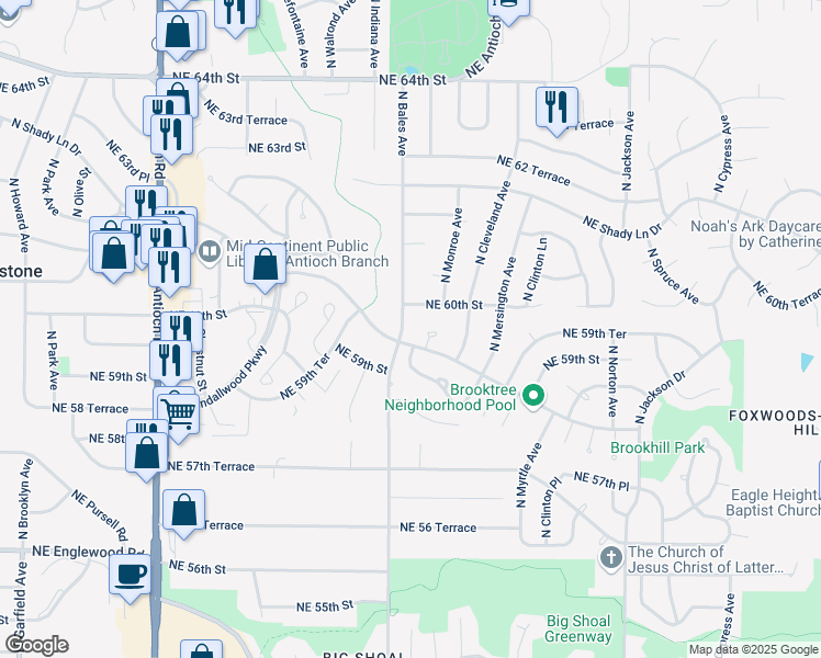 map of restaurants, bars, coffee shops, grocery stores, and more near 5913 North Bales Avenue in Kansas City