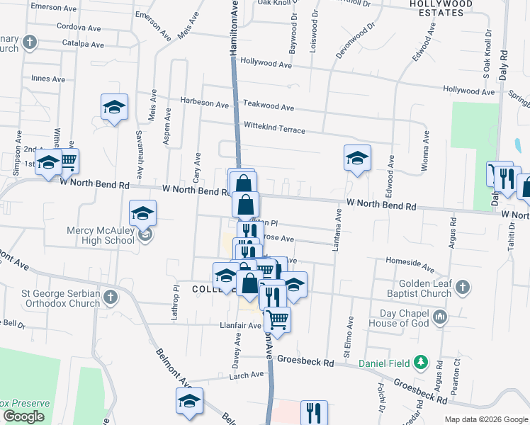 map of restaurants, bars, coffee shops, grocery stores, and more near 6110 Gladys Avenue in Cincinnati
