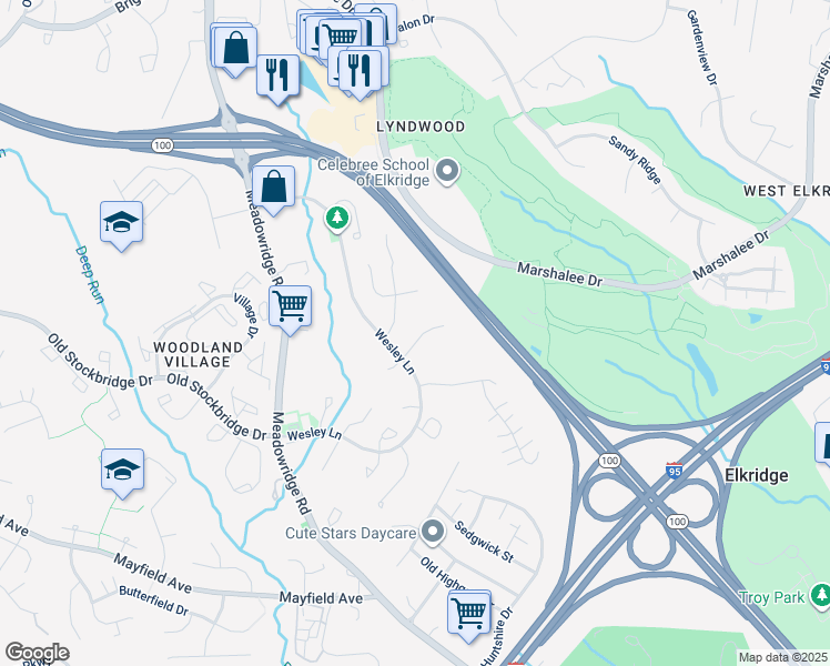 map of restaurants, bars, coffee shops, grocery stores, and more near 6413 Woodvale Place in Elkridge