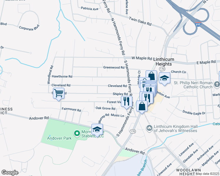 map of restaurants, bars, coffee shops, grocery stores, and more near 429 Cleveland Road in Linthicum Heights