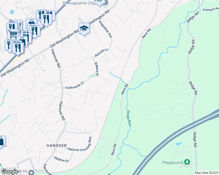 map of restaurants, bars, coffee shops, grocery stores, and more near 6250 Fairbourne Court in Elkridge