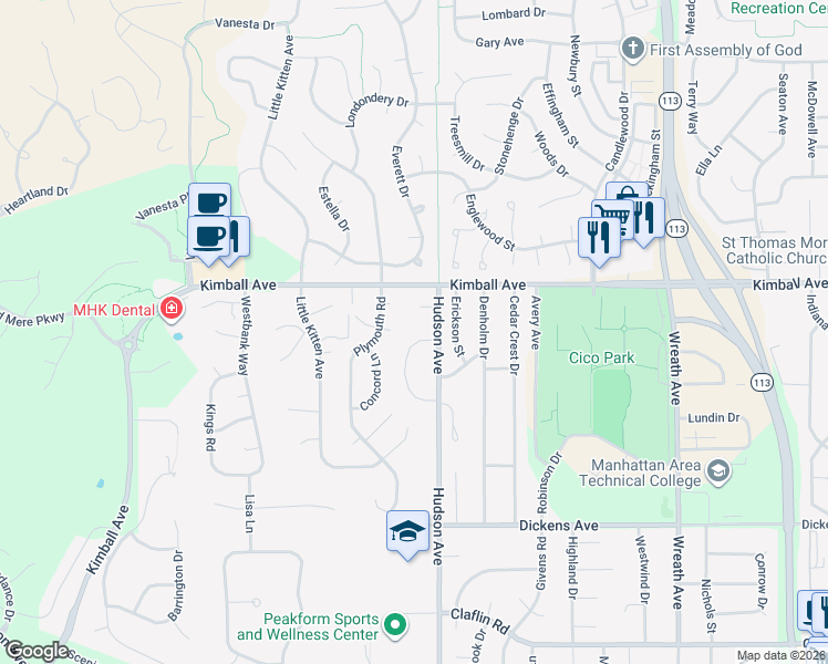 map of restaurants, bars, coffee shops, grocery stores, and more near 3609 Monarch Circle in Manhattan