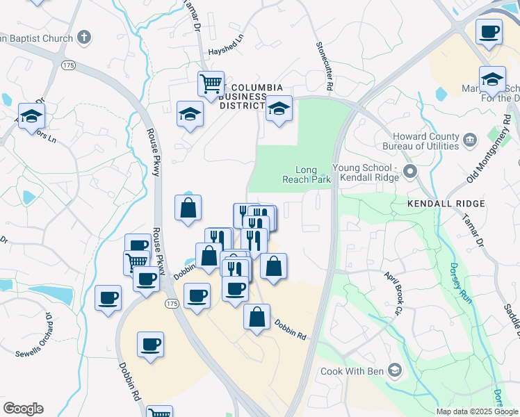 map of restaurants, bars, coffee shops, grocery stores, and more near 5900 Millrace Court in Columbia