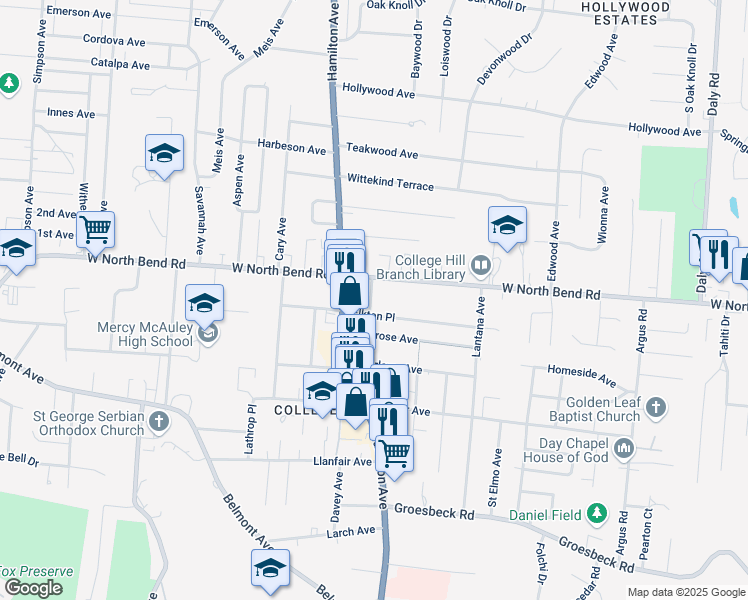 map of restaurants, bars, coffee shops, grocery stores, and more near 6112 Gladys Avenue in Cincinnati