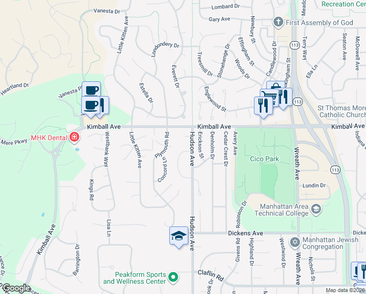 map of restaurants, bars, coffee shops, grocery stores, and more near 3609 Monarch Circle in Manhattan