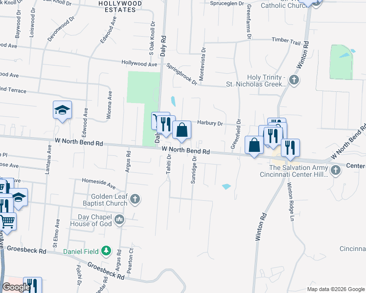 map of restaurants, bars, coffee shops, grocery stores, and more near 1038 West North Bend Road in Cincinnati
