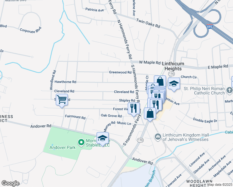 map of restaurants, bars, coffee shops, grocery stores, and more near 429 Cleveland Road in Linthicum Heights