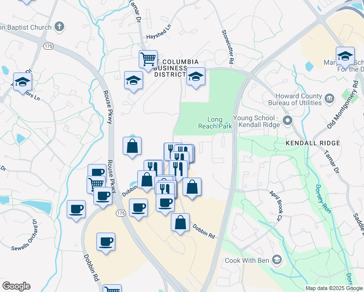 map of restaurants, bars, coffee shops, grocery stores, and more near 5900 Millrace Court in Columbia