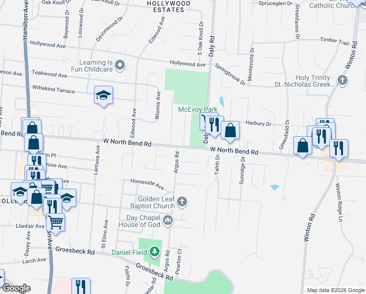 map of restaurants, bars, coffee shops, grocery stores, and more near 1086 West North Bend Road in Cincinnati
