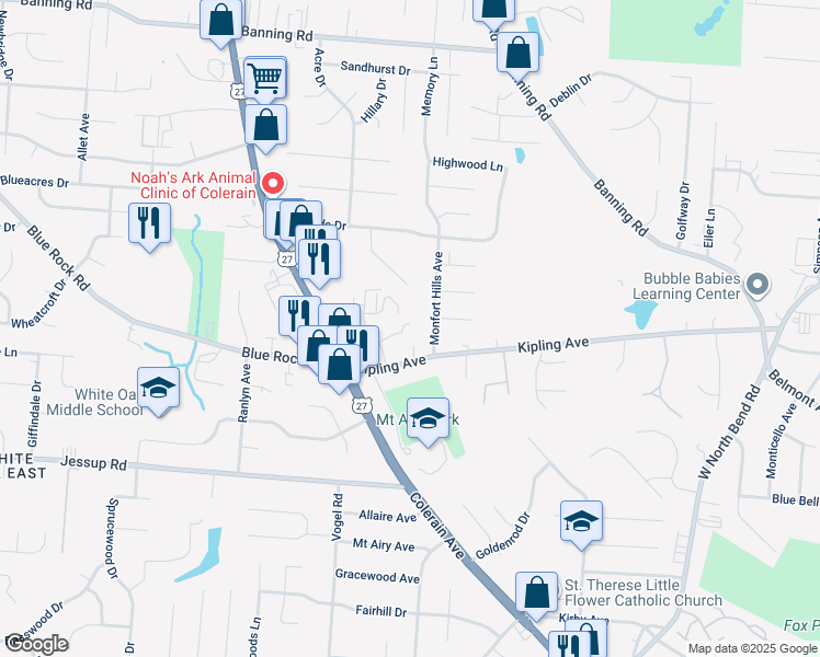 map of restaurants, bars, coffee shops, grocery stores, and more near 2618 Chesterfield Court in Cincinnati