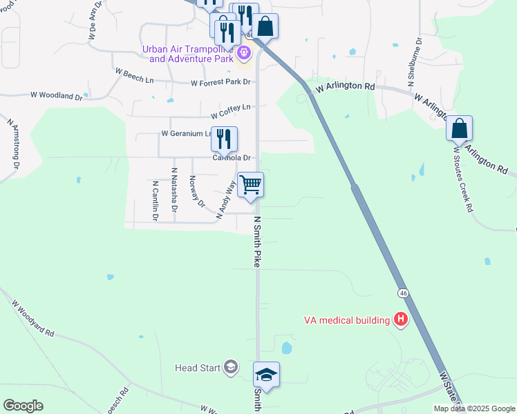 map of restaurants, bars, coffee shops, grocery stores, and more near 2994-3022 North Smith Pike in Bloomington