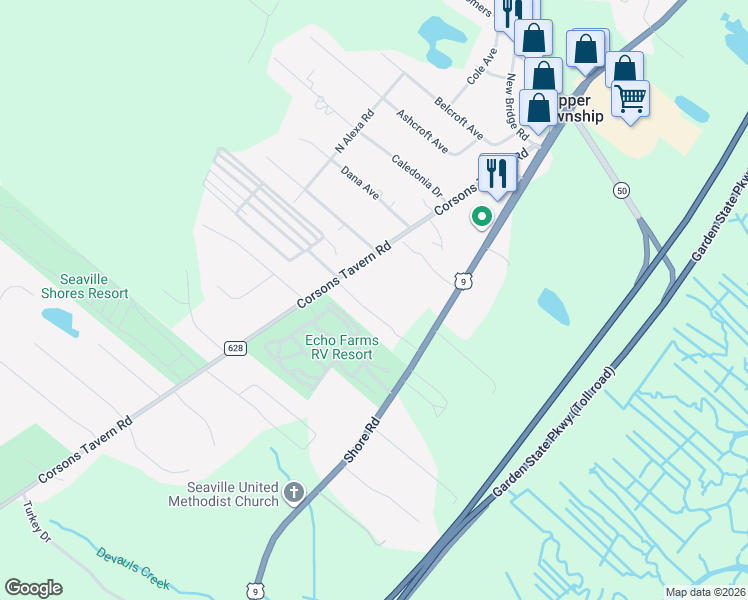 map of restaurants, bars, coffee shops, grocery stores, and more near 53-57 Corsons Tavern Road in Upper Township